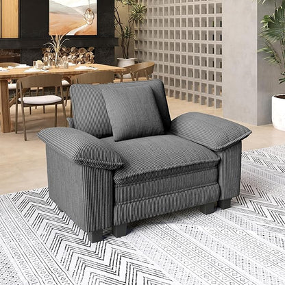SUNSHINE VALLEY 53.5'' Oversized Accent Chair, Corduroy Single Seat Modular Sofa Chair with Wider Armrest and Pillow, Modern Cloud Deep Seat Armchair for Bedroom Living Room, Grey