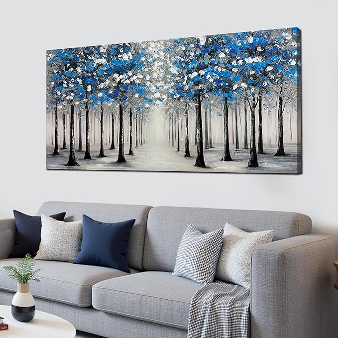 Trogonup Large Forest Wall Art for Living Room Blue and White Trees Landscape Painting Modern Textured Oil Painting for Bedroom Office Home Decor 29x58 Inch
