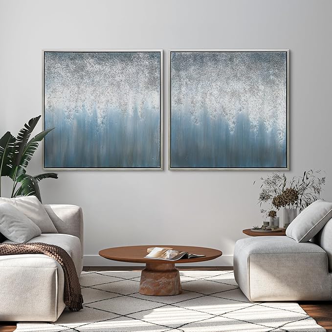Empire Art Direct Abstract Wall Art Textured Hand Painted Canvas by Martin Edwards, Diptych, 36" x 36" each, Blue Rain