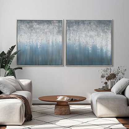 Empire Art Direct Abstract Wall Art Textured Hand Painted Canvas by Martin Edwards, Diptych, 36" x 36" each, Blue Rain