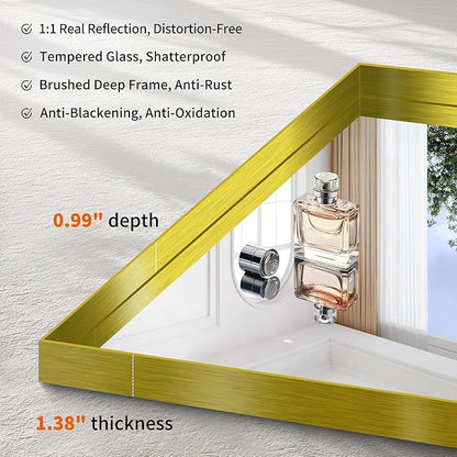 CIRCUMI Gold Bathroom Mirror, 30"x36" Rectangular Mirror with Deep Metal Frame, Brushed Finish, Tempered Glass, Mirror for Wall, Oversink, Bedroom, Installed Vertically/Horizontally, Crystal-Clear