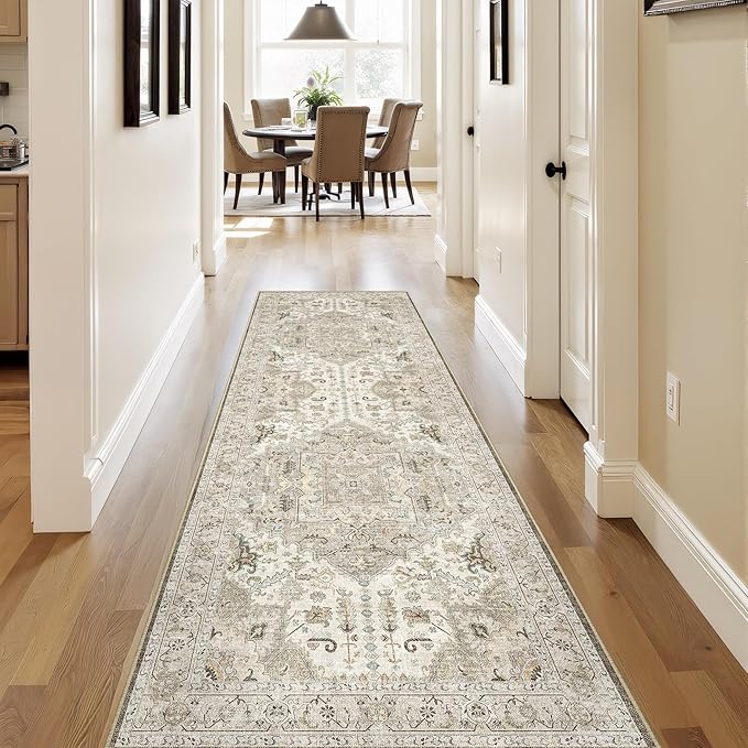 2.6x8 Washable Hallway Runner Rug - Kitchen Rugs with Non Slip Backing Vintage Soft Farmhouse Entryway Mat for Living Room Laundry Bedroom Bathroom Brown/Ivory