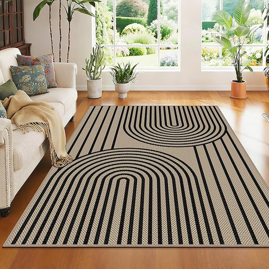 Easy Jute Area Rug, 4' x 6' Washable Rug, Black Farmhouse Ultra-Thin Non-Slip Carpet for Outdoor, Bedroom, Dining Room, Backyard, Home Decor