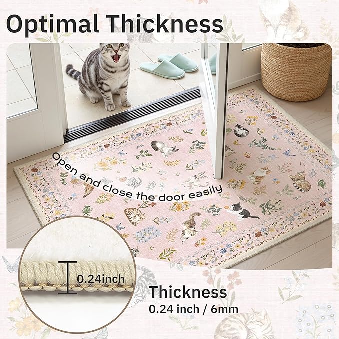 Soalmost Cat 3x5 Area Rugs for Entryway, Machine Washable Animal Floral Accent Rug Non-Slip Low Pile Soft Throw Rugs for Kitchen Bedside Living Room Bedroom Kids Room (3 x 5,Pink)