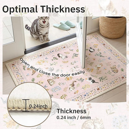 Soalmost Cat 3x5 Area Rugs for Entryway, Machine Washable Animal Floral Accent Rug Non-Slip Low Pile Soft Throw Rugs for Kitchen Bedside Living Room Bedroom Kids Room (3 x 5,Pink)