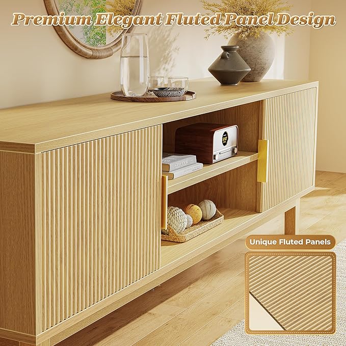 PRAISUN 54 Inch TV Stand for 50, 55 Inch TV, Fluted Entertainment Center with 2 Cabinets, TV Consoles for Living Room, 3-Level Adjustable Shelf, 4 Cable Holes, Meida Console, Natural