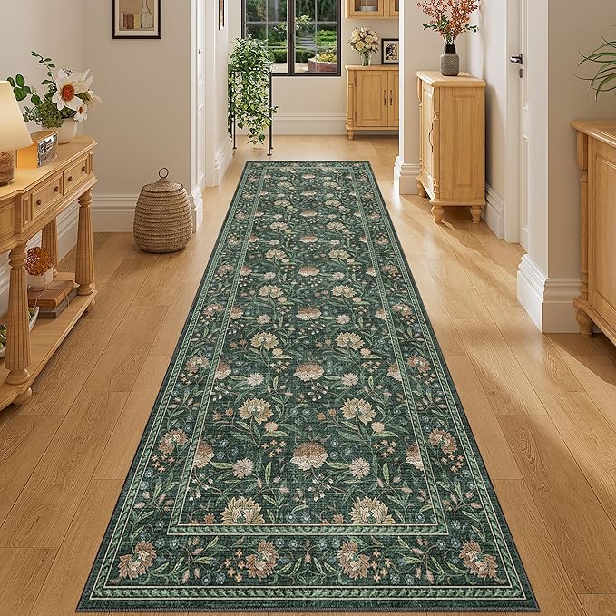 DUKINO 2x6 Rug for Hallway, Vintage Floral Non Slip Kitchen Runner Rug with Washable & Lightweight, Soft Low Pile Indoor Floor Stain Resistant Carpet for Entryway, Bedroom, Bathroom, Laundry, Green