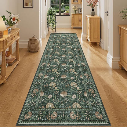 DUKINO 2x6 Rug for Hallway, Vintage Floral Non Slip Kitchen Runner Rug with Washable & Lightweight, Soft Low Pile Indoor Floor Stain Resistant Carpet for Entryway, Bedroom, Bathroom, Laundry, Green