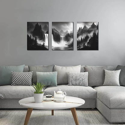 CIRABKY Foggy Forest Wall Art for Living Room - Mountains Canvas Wall Art for Office - Black and White 3 Piece Wall Decor Size 12" x 16"