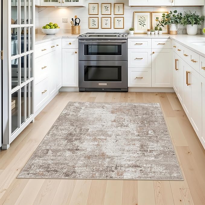 4x4 Square Entryway Rug Washable – Non-Slip Small Area Rug for Kitchen or Bathroom, Soft Low-Pile Indoor Mat, Modern Abstract Thin Door Carpet (Beige Grey)