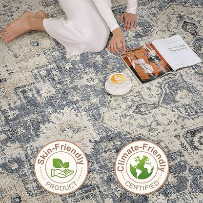 9x12 Area Rug Living Room: Washable Boho Large Neutral Vintage Soft Rugs Stain Resistant Distressed Farmhouse Non-Slip Indoor Floor Carpet for Bedroom Nursery Kids Office Dining Room- Brown Blue