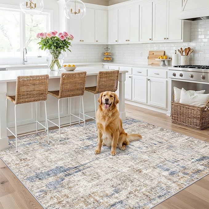 ZHXXUJ Washable 6x6 Square Area Rug – Non Slip Modern Abstract for Kitchen Dining Room Living Room – Low Pile Thin Soft Indoor Rug (Blue Brown)