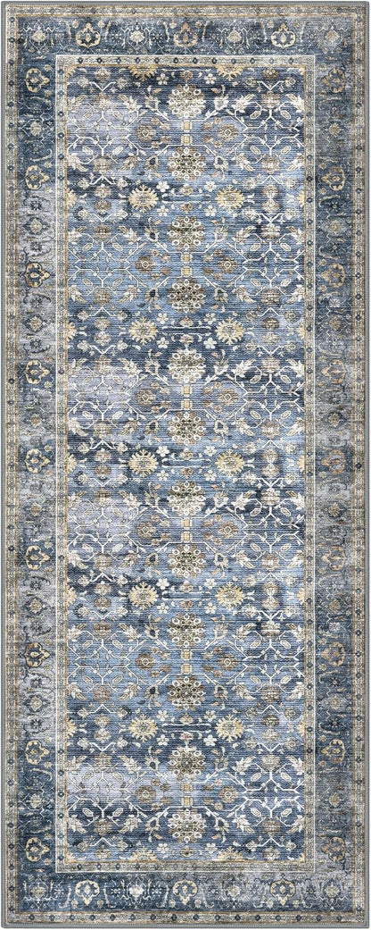 KUTA Runners for Hallways 2x5 ft, Vintage Floral Rug Non-Slip Washable Kitchen Rugs Blue Grey Beige Ultra Thin Soft Printed Distressed Flower Carpet Entryway Rugs for Bedroom Laundry Nursery