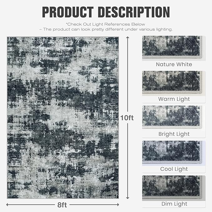 Area Rug 8x10 Living Room Rug Washable: No-Slip Abstract Soft Thin Large Black Rugs, Indoor Floor Stain Resistant Modern Carpet for Bedroom Dining Room Farmhouse Nursery Home Office (Black, 8'x10')