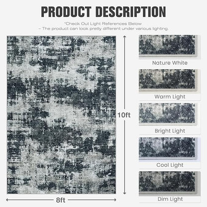 Area Rug 8x10 Living Room Rug Washable: No-Slip Abstract Soft Thin Large Black Rugs, Indoor Floor Stain Resistant Modern Carpet for Bedroom Dining Room Farmhouse Nursery Home Office (Black, 8'x10')