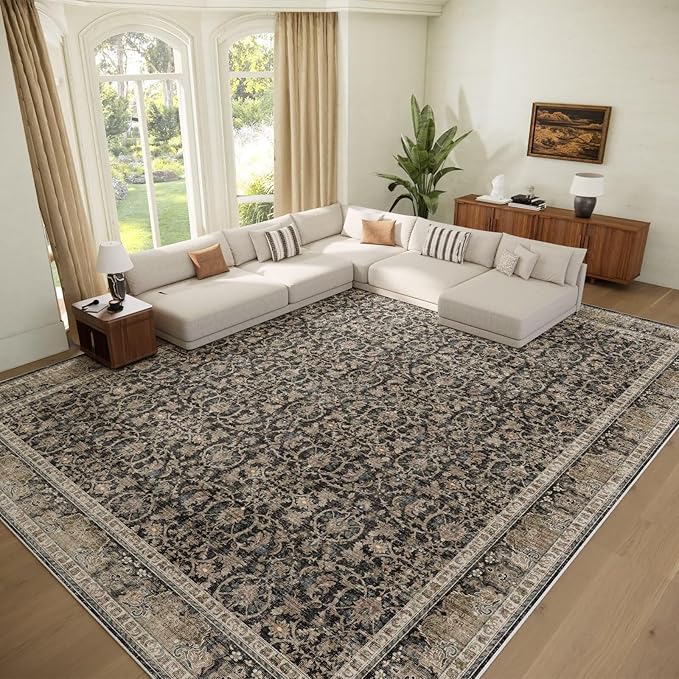 Washable 9x12 Area Rugs for Living Room, Boho Non-Slip Vintage Distress Lager Rugs for Bedroom Dining Room Nursery Office, 0.3" Neutral Oriental Throw Thin Carpet, Black/Blue/Multi,A1
