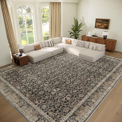 Washable 9x12 Area Rugs for Living Room, Boho Non-Slip Vintage Distress Lager Rugs for Bedroom Dining Room Nursery Office, 0.3" Neutral Oriental Throw Thin Carpet, Black/Blue/Multi,A1