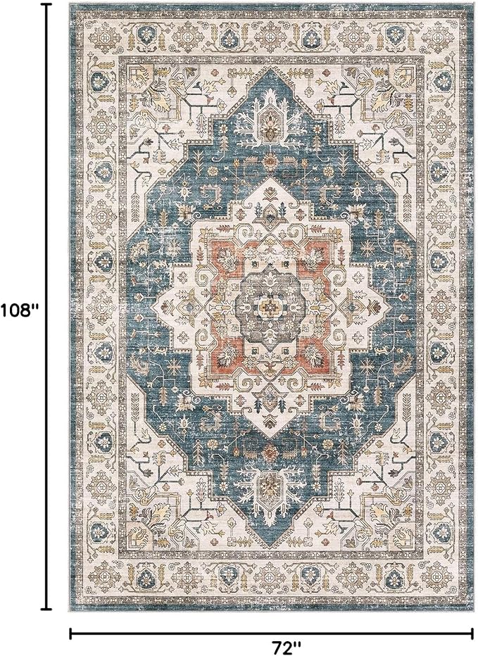 Area Rug 6x9 Washable Vintage - Soft Traditional Rugs for Living Room Large Non Slip Backing with Low Pile Farmhouse Oriental Retro Carpet for Bedroom Dining Room or Home Office - Blue