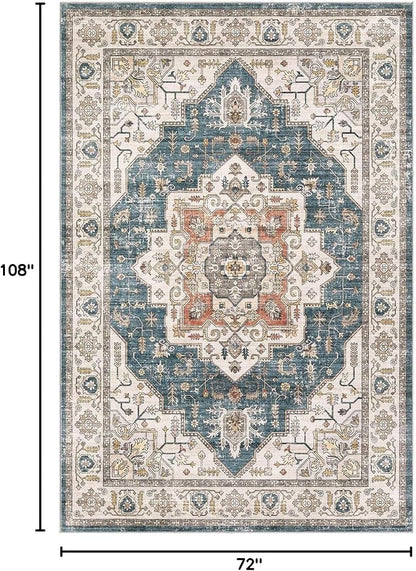 Area Rug 6x9 Washable Vintage - Soft Traditional Rugs for Living Room Large Non Slip Backing with Low Pile Farmhouse Oriental Retro Carpet for Bedroom Dining Room or Home Office - Blue