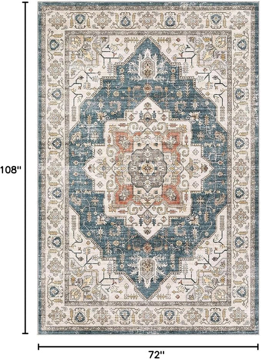 Area Rug 6x9 Washable Vintage - Soft Traditional Rugs for Living Room Large Non Slip Backing with Low Pile Farmhouse Oriental Retro Carpet for Bedroom Dining Room or Home Office - Blue