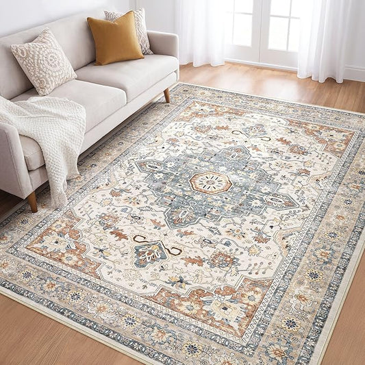 6x8 Area Rug Living Room: Washable Boho Large Neutral Vintage Soft Rugs Stain Resistant Distressed Farmhouse Non-Slip Indoor Floor Carpet for Bedroom Nursery Kids Office Dining Room- Beige Blue