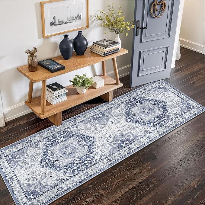 2.6x8 Washable Hallway Runner Rug - Kitchen Rugs with Non Slip Backing Vintage Soft Farmhouse Entryway Mat for Living Room Laundry Bedroom Bathroom Navy/Blue