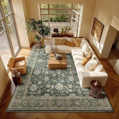 Washable 8x10 Area Rugs for Living Room, Boho Non-Slip Vintage Distress Large Rugs for Bedroom Dining Room Nursery Office, 0.3" Neutral Oriental Throw Thin Carpet, Sage Green/Multi, E1