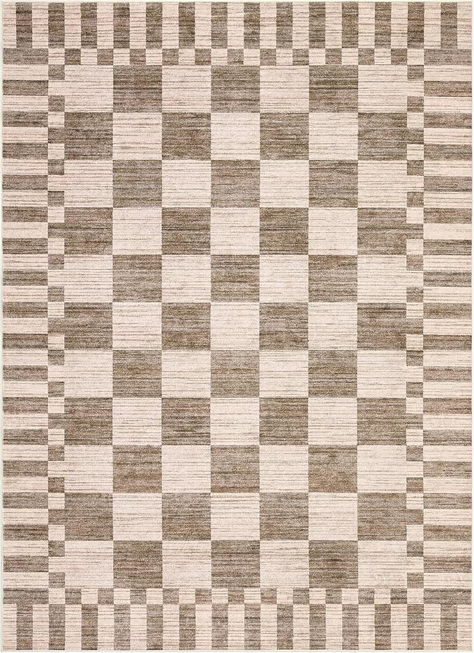GarveeHome Brown Checkered Rug 5×7 Area Rugs for Living Room，Geometric Tan Brown Print Non-Slip Washable Rug Soft Low-Pile, Neutral Modern Farmhouse Rugs for Bedroom Dining Room Office