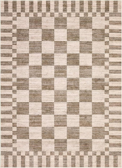GarveeHome Brown Checkered Rug 5×7 Area Rugs for Living Room，Geometric Tan Brown Print Non-Slip Washable Rug Soft Low-Pile, Neutral Modern Farmhouse Rugs for Bedroom Dining Room Office