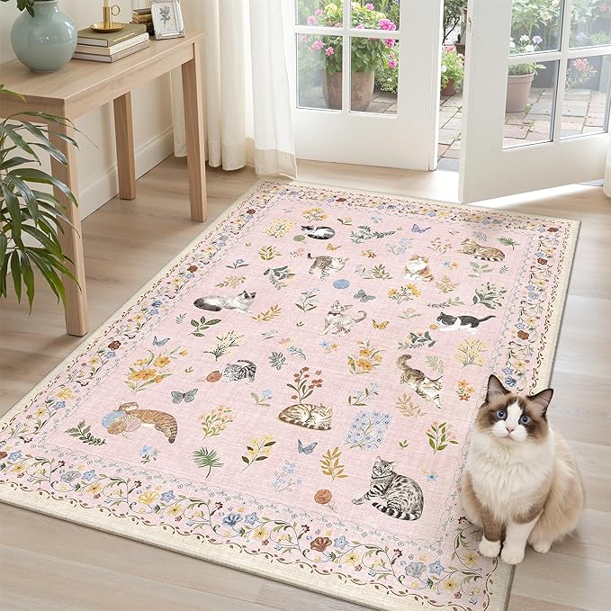 Soalmost Cat 3x5 Area Rugs for Entryway, Machine Washable Animal Floral Accent Rug Non-Slip Low Pile Soft Throw Rugs for Kitchen Bedside Living Room Bedroom Kids Room (3 x 5,Pink)