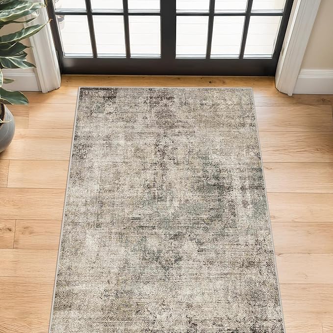 3x4 Indoor Floor Mats for Entryway - Taupe Washable Farmhouse Area Rug for Bedroom, Kitchen, Laundry Room, Brown Vintage Home Décor, Low Pile & Soft Stain Resistant Carpet