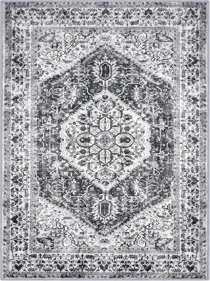KOZYFLY Boho Area Rug 9x12 Ft Thin Rugs for Living Room Washable Bedroom Rug Non Slip Rugs for Dining Room Printed Faux Wool Area Rug Floor Carpet for Dining Room Living Room, Grey