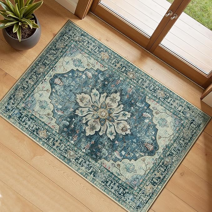 RELEANY Area Rugs 2'x3' Kitchen Rugs Entry Rug Small Rugs for Entryway Kitchen Bathroom Door Mat Indoor Entrance,Washable Non Slip, Dark Blue Vintage