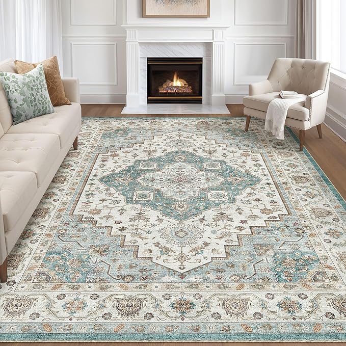 7x10 Area Rug Living Room: Washable Boho Large Neutral Vintage Soft Rug Stain Resistant Farmhouse Non-Slip Indoor Floor Carpet for Bedroom Nursery Kids Playroom Office Dining Room Home- Teal Brown