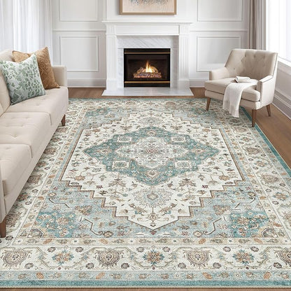 7x10 Area Rug Living Room: Washable Boho Large Neutral Vintage Soft Rug Stain Resistant Farmhouse Non-Slip Indoor Floor Carpet for Bedroom Nursery Kids Playroom Office Dining Room Home- Teal Brown
