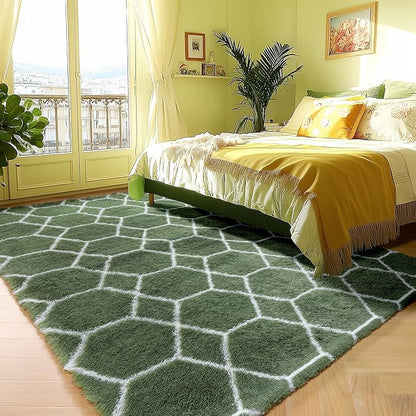 ONASAR Area Rugs for Bedroom Living Room, 4x6 Fluffy Olive Green and White Throw Rug, Soft Plush Fuzzy Shaggy Geometric Floor Carpet for Nursery Kids Girls Boys Teen Dorm Home Decor Aesthetic