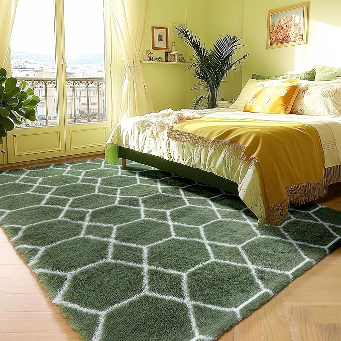 ONASAR 6x9 Area Rugs for Living Room Bedroom, Large Fluffy Olive Green and White Throw Rug, Geometric Soft Plush Shaggy Fuzzy Floor Carpet for Nursery Kids Girls Boys Teen Dorm Home Office Decor