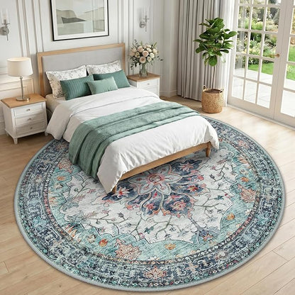 RELEANY Area Rugs Round 10ft Washable Non-Slip, Floral Vintage Distress Print Pattern Medallion Carpet for Living Room Bedroom Dining Room, Green Navy Blue White Red Teal Colorful
