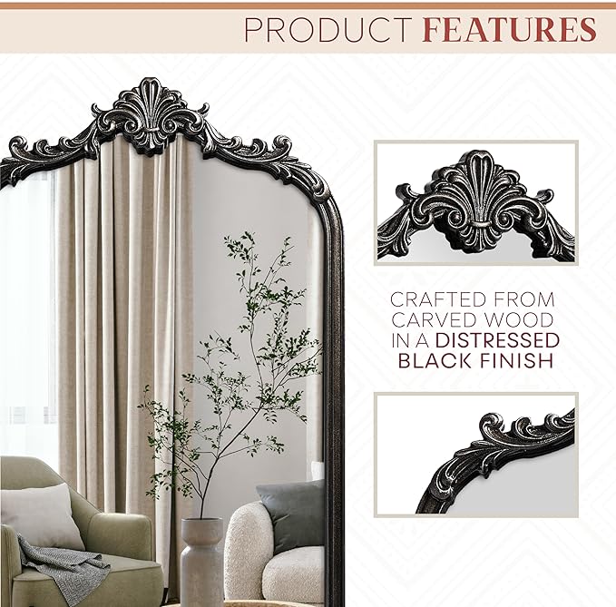 Wylde Iris English Estate Carved Arch Wood Wall Mirror, Mirror for Entryway, Living Room, Bathroom, Distressed Black, 20.4x33