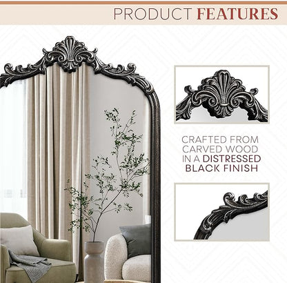 Wylde Iris English Estate Carved Arch Wood Wall Mirror, Mirror for Entryway, Living Room, Bathroom, Distressed Black, 20.4x33
