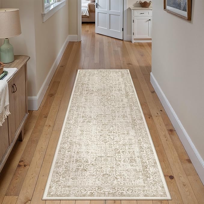 PureCozy Light Brown Runner Rug 2x5 Hallway Machine Washable Kitchen Vintage Distressed Non Slip Long Carpet Indoor Retro Floral Bedroom Accent Throw Rug for Bathroom Office Laundry Dining Room