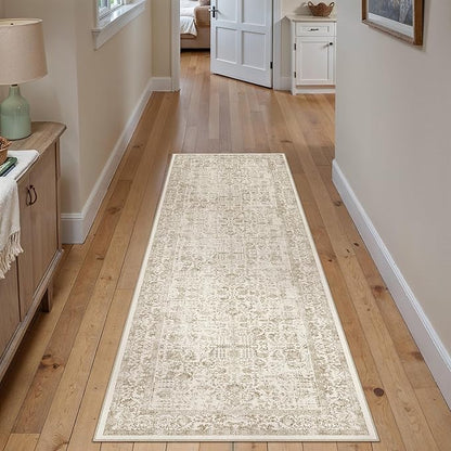 PureCozy Light Brown Runner Rug 2x5 Hallway Machine Washable Kitchen Vintage Distressed Non Slip Long Carpet Indoor Retro Floral Bedroom Accent Throw Rug for Bathroom Office Laundry Dining Room