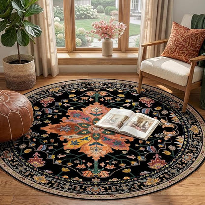 RELEANY Area Rugs Round 4ft Washable Non-Slip, Floral Vintage Distress Print Pattern Medallion Carpet for Living Room Bedroom Dining Room, Black Colorful Floral Dark Tan