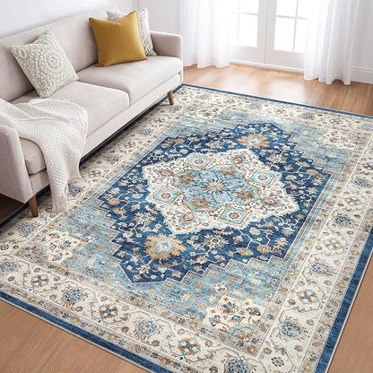 6x8 Area Rug Living Room: Washable Boho Large Neutral Vintage Soft Rugs Stain Resistant Farmhouse Non-Slip Indoor Floor Retro Carpet for Bedroom Nursery Kids Office Dining Room- Navy Beige