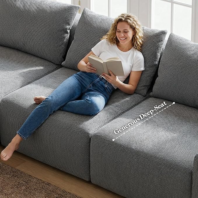 Homkdom L-Shaped Cloud Boneless Couch with Deep Seat, Modular Sectional Sofa with Oversized Chaise, 6 Layouts Combination for Living Room, Apartment, No Assembly (Grey Check, Right Facing Chaise)
