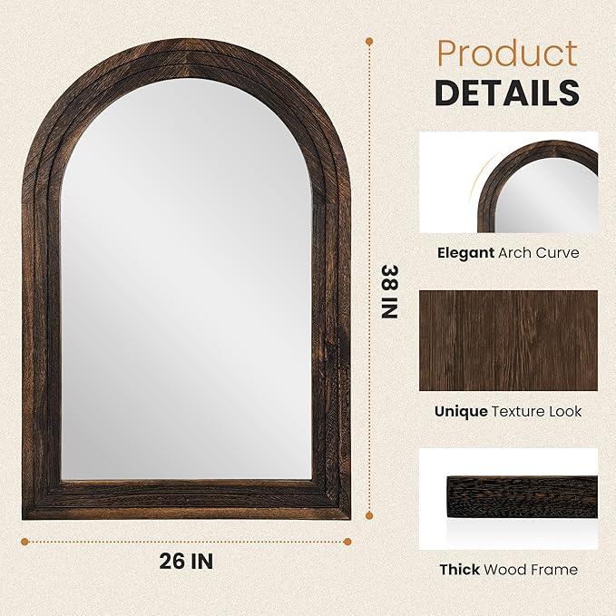 TRAHOME Arched Bathroom Mirror, 38"x26" Brown Wood Frame Wall Mirror, Farmhouse Vintage Vanity Mirror with Layered Frame for Entryway, Living Room, Bedroom