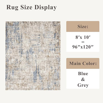 9x12 Washable Living Room Rug – Neutral Modern Abstract Large Area Rugs for Bedroom, Dining Room, Office – Soft Non-Slip Low-Pile Thin Stain-Resistant Indoor Carpet (Blue Brown)