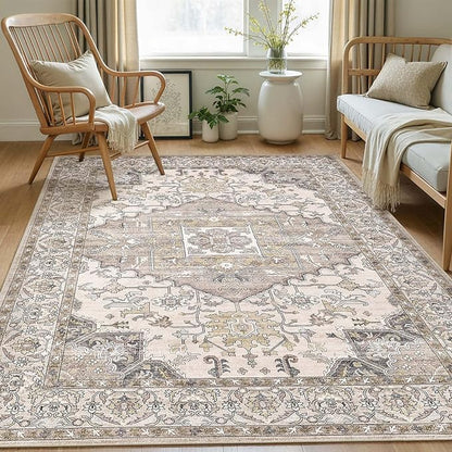5x7 Washable Area Rugs for Living Room: Non Slip Vintage Brown Rug, Large Soft Stain Resistant Indoor Floor Carpets for Bedroom Dining Room Farmhouse Nursery Home Office Kid & Pet Friendly