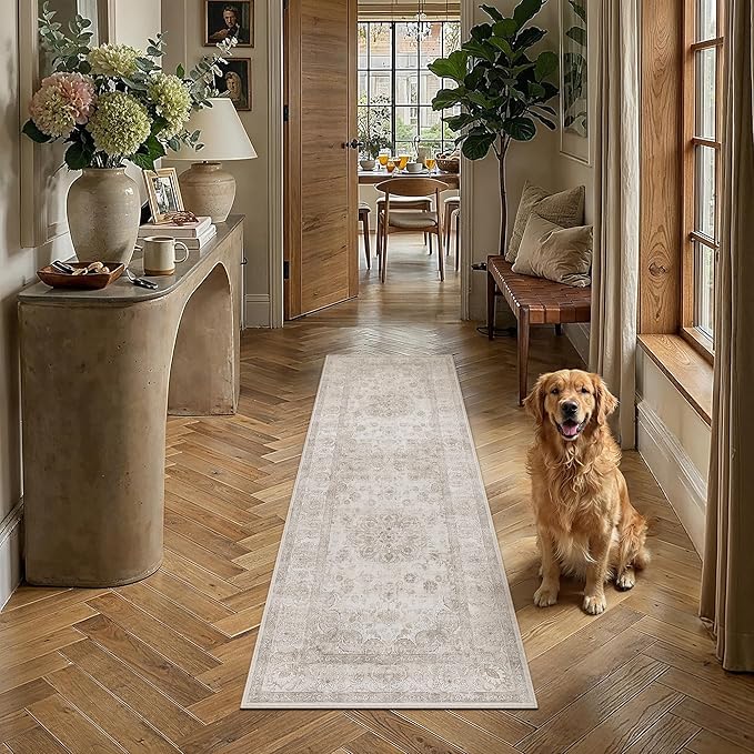 PureCozy Beige Runner Rug 2x6 Washable Carpet Hallway Kitchen Vintage Non Slip Indoor Bedroom Soft Low Pile Distressed Medallion Retro Long Throw Rug for Bathroom Laundry Office Dining Room