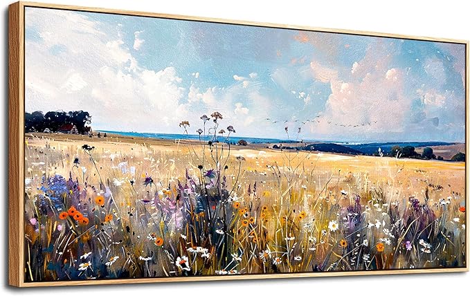 hyidecorart Boho Wall Decor For Bedroom Wood Framed Canvas Print Wall Art Living Room Farmhouse Pictures Autumn Watercolor Wild flowers Nature Field Landscape Wall Paintings Office Decoration